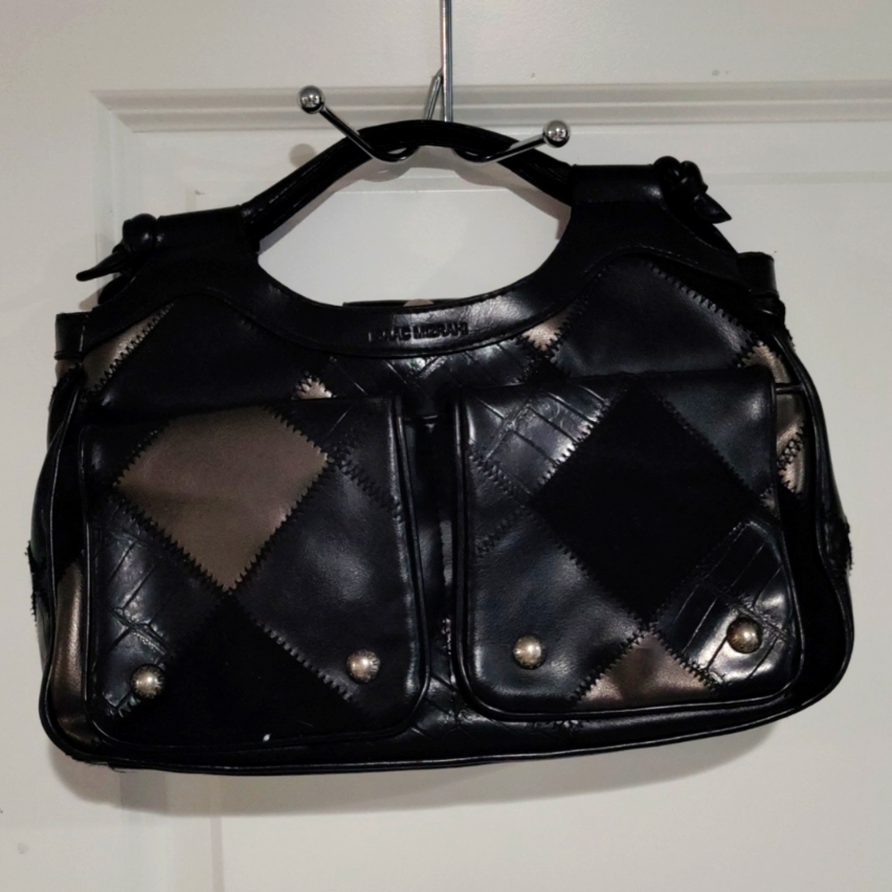 Isaac Mizrahi Black Patchwork Hand Bag Double Front Pocket Faux Leather